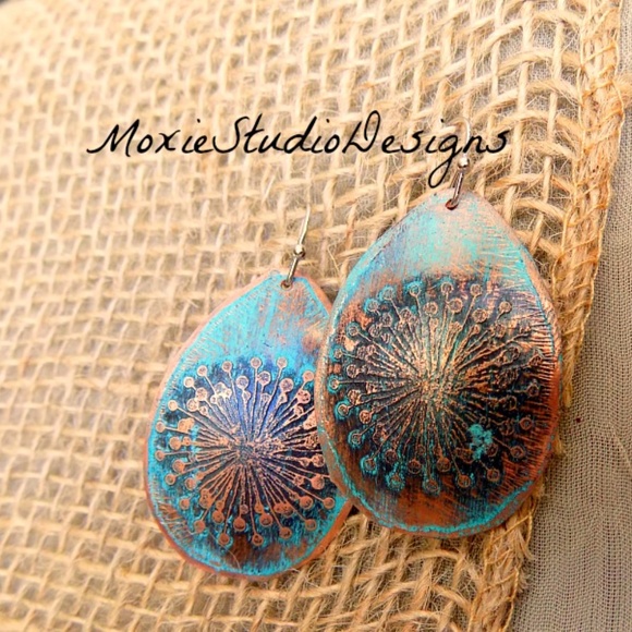 Rustic Turquoise Blue Dandelion Earrings, Copper - Picture 3 of 5